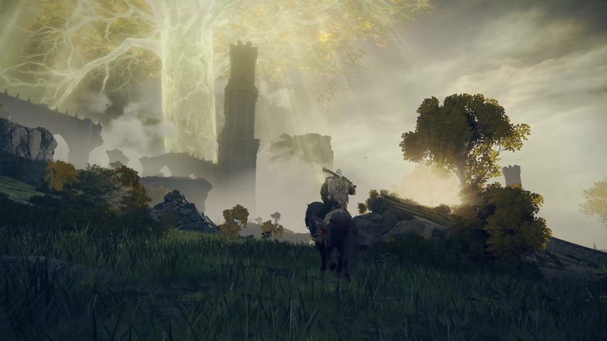 A screenshot from Elden Ring which shows a knight riding their horse in Limgrave.