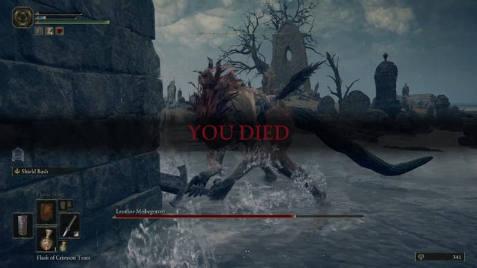 Elden Ring: the player dies from falling off the edge of the arena in the fight against Leonine Misbegotten.