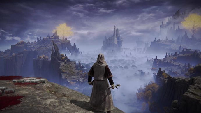 A screenshot from Elden Ring which shows the player look over a vista of Liurnia, and beyond.