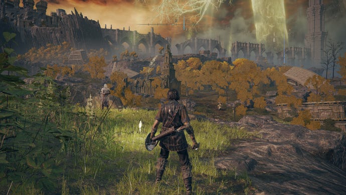 A scene from Elden Ring showing the player character looking out over the Limgrave region. This shows the Low graphics preset.
