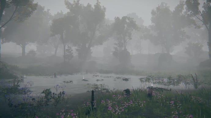 A screenshot from Elden Ring which shows a foggy marshland strewn with bodies, while a silhouette of a massive bear lurks in the distance.