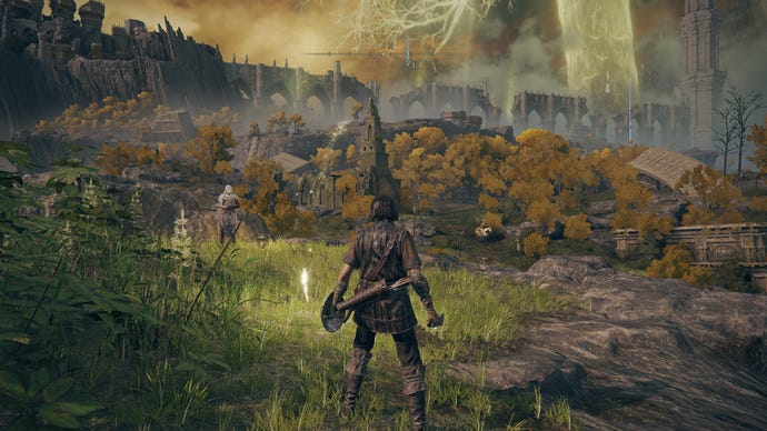 Une scène d'Elden Ring montrant le personnage du joueur regardant la région de Limgrave.  Ceci montre le préréglage graphique maximum.