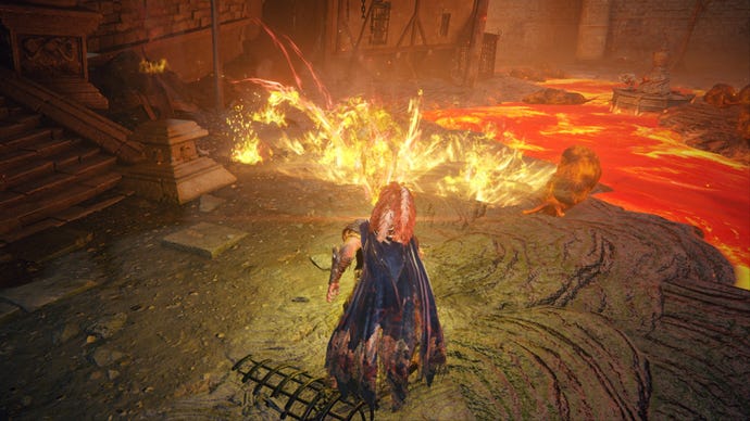Elden Ring Player explosant une flamme insensible à leurs yeux près d'une rivière de lave