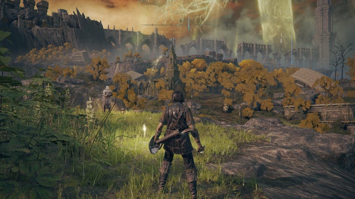 A scene from Elden Ring showing the player character looking out over the Limgrave region. This shows the Medium graphics preset.