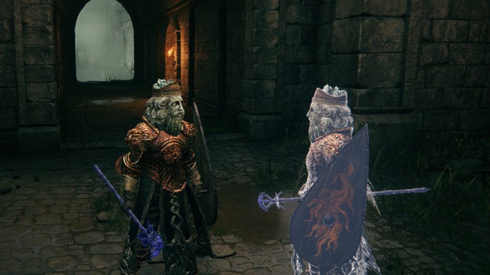 Elden Ring player wearing sorcerer gear facing their identical Mimic Tear Ash clone