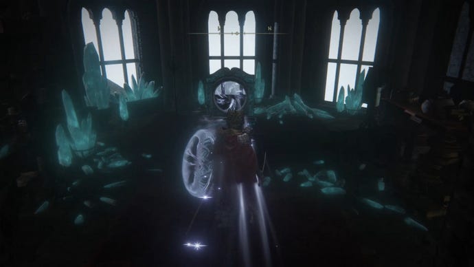 The player in Elden Ring looks upon a teleporter at the top of Renna's Rise in Liurnia.