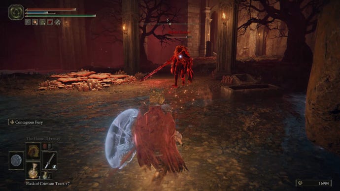 The player faces off against the Baleful Shadow boss in Elden Ring.