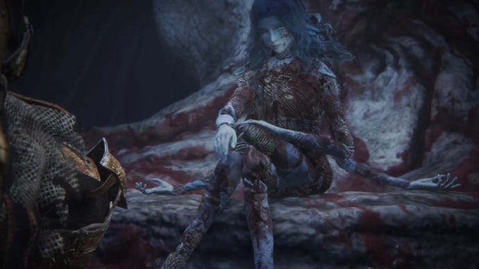 Ranni the witch sits in front of a destroyed Two Fingers in an Elden Ring cutscene.