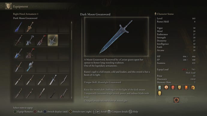 The Elden Ring inventory, showing the Moonlight Greatsword item description.