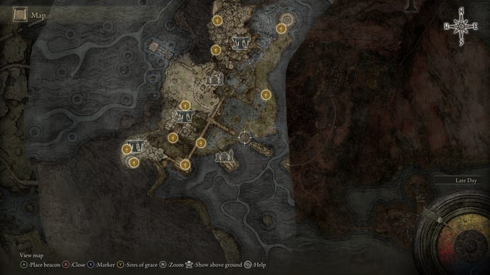 Part of the Elden Ring map, with the location of Blaidd in the Ranni quest marked.