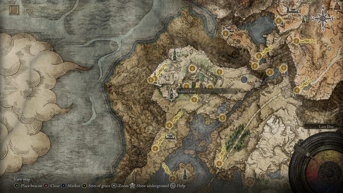 Part of the Elden Ring map, with the location of Sorcerer Seluvis marked.