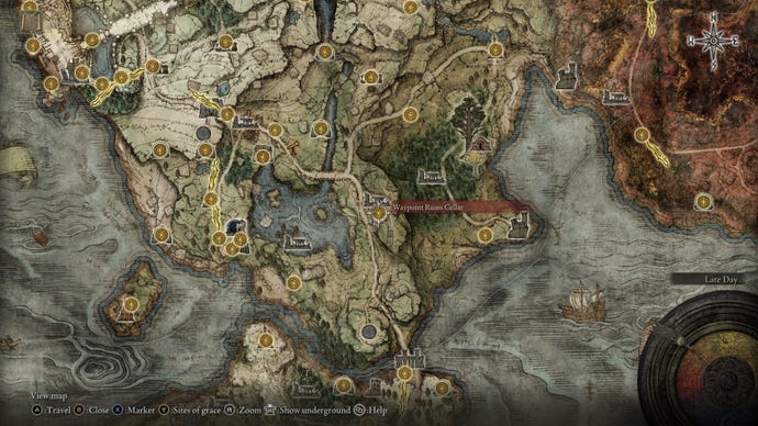 Part of the Elden Ring map, with the location of Sorceress Sellen marked.
