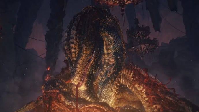A screenshot from a cutscene in Elden Ring depicting the God-Devouring Serpent, Rykard, rearing up before the player.