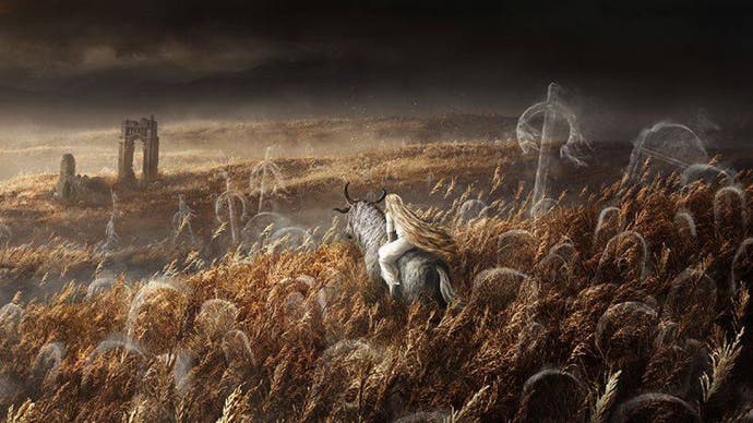 هنر تبلیغاتی مودی برای گسترش Elden Ring's Shadow of the Erdtree که ظاهراً Miquella را در حال سواری در مزارع گندم در پشت تورنت نشان می دهد.