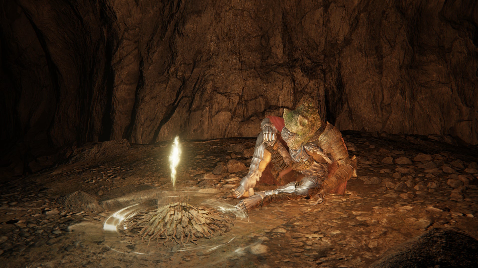 Elden Ring: the player rests in a cave beside a Site of Grace.