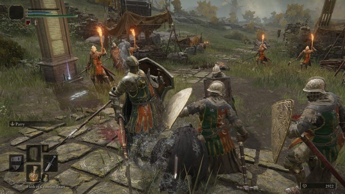 A hooded warrior gets biffed by several medieval soldiers in Elden Ring