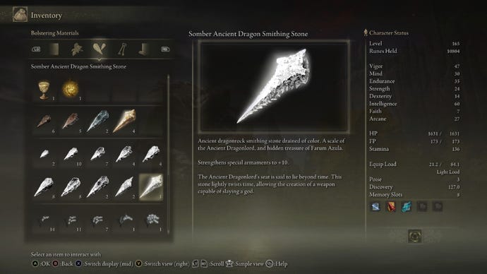 Elden Ring inventory screen displaying the Somber Ancient Dragon Smithing Stone, which is an upgrade item you can use on special weapons.