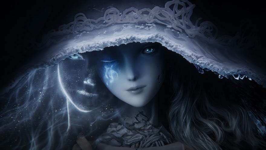 A pale woman with a white witchy hat and one eye closed leaking blue energy in Elden Ring's story trailer.