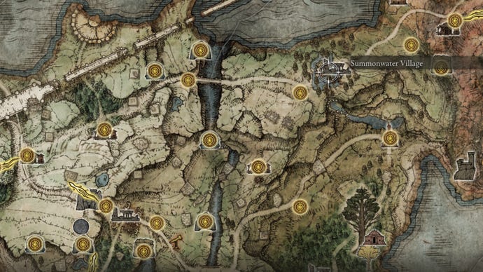 Part of the Elden Ring map, with the location of Summonwater Village marked.