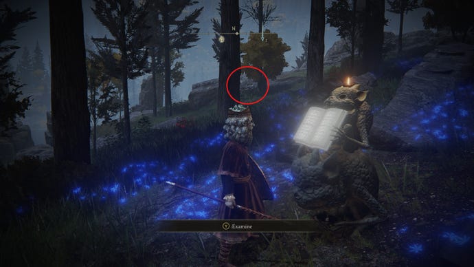 Elden Ring player standing by an imp statue, a red ring indicates where a ghost turtle appeared