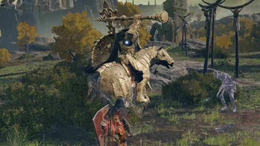 The Tree Sentinel, a mounted boss in Elden Ring, raises his Golden Halberd ready for an attack on the player.