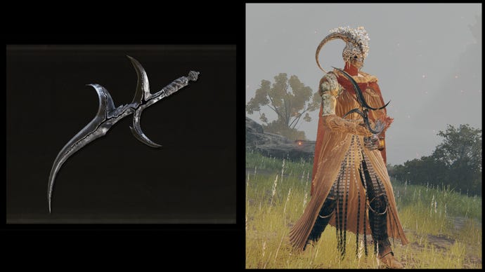 Po lewej: Ilustracja czarnego noża z Elden Ring. Po prawej: postać gracza trzyma tę samą broń na tle Limgrave