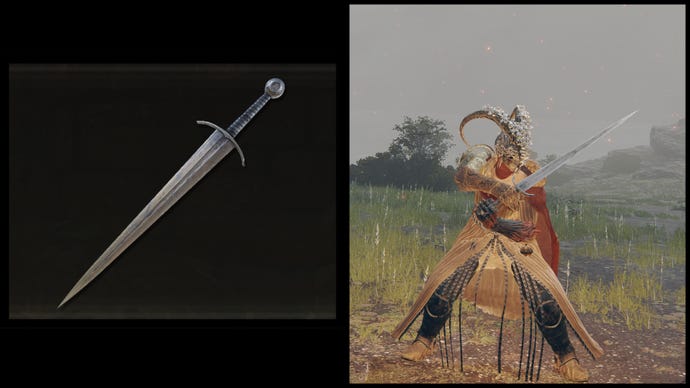 Po lewej: Ilustracja miecza z Elden Ring. Po prawej: postać gracza trzyma tę samą broń na tle Limgrave