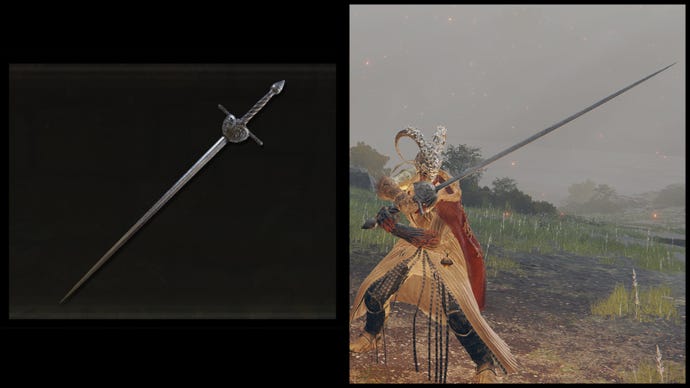 Po lewej: Ilustracja wielkiej epee z Elden Ring. Po prawej: postać gracza trzyma tę samą broń na tle Limgrave