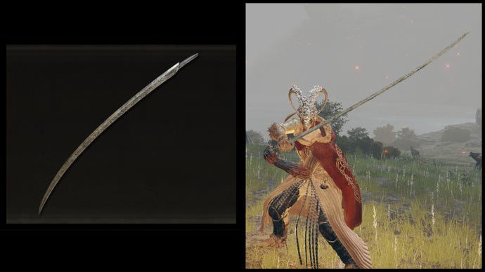 Po lewej: Ilustracja ręki Malenii z Elden Ring. Po prawej: postać gracza trzyma tę samą broń na tle Limgrave