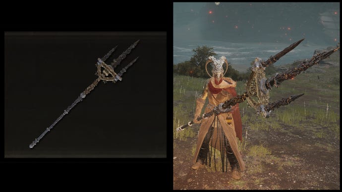 Left: an illustration of Mohgwyn's Sacred Spear from Elden Ring. Right: the player character holding the same weapon against a Limgrave background.