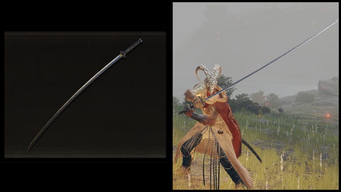Вляво: Илюстрация на Нагакиба от Елдън Ринг. Вдясно: Героят на играча, който държи същото оръжие на фона на Limgrave