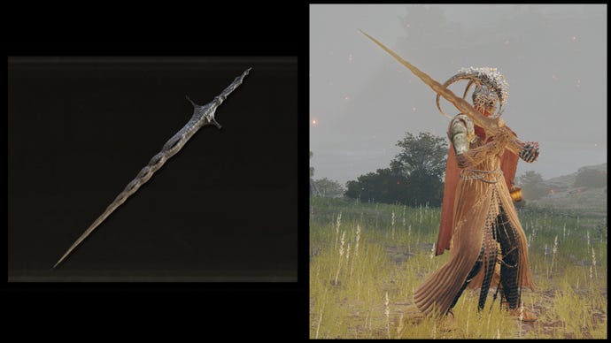 Kiri: Ilustrasi Relik Suci dari Elden Ring. Kanan: Watak pemain memegang senjata yang sama terhadap latar belakang limgrave
