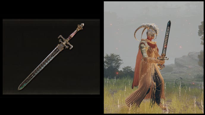 A sinistra: un'illustrazione della spada della notte e della fiamma di Elden Ring. A destra: il personaggio del giocatore che tiene la stessa arma su uno sfondo di limgrave