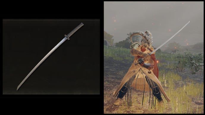 Po lewej: Ilustracja Uchigatana z Elden Ring. Po prawej: postać gracza trzyma tę samą broń na tle Limgrave