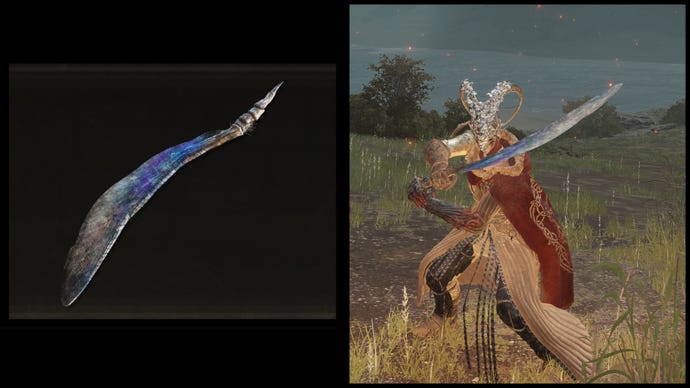 Po lewej: Ilustracja skrzydła Astela z Elden Ring. Po prawej: postać gracza trzyma tę samą broń na tle Limgrave