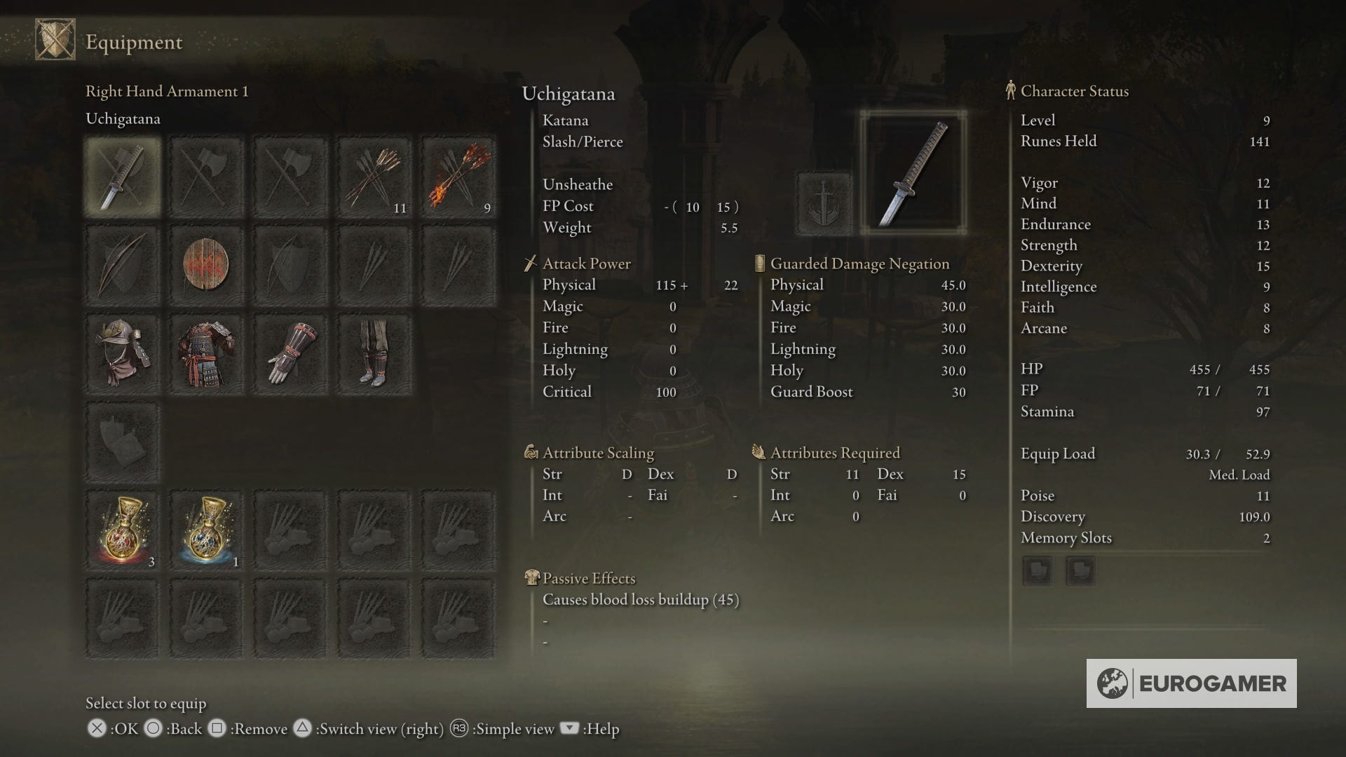 Elden Ring Samurai build stats, equipment