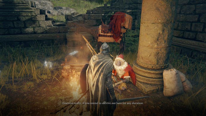 An armoured character wearing a cloak speaking with the merchant Kale in Limgrave in Elden Ring.