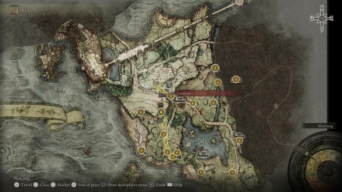 The Elden Ring map with Stormveil Castle's Gate Front Site of Grace selected.
