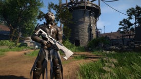 A person in high-tech armour stands before a crumbling stone tower in an Elex 2 screenshot.