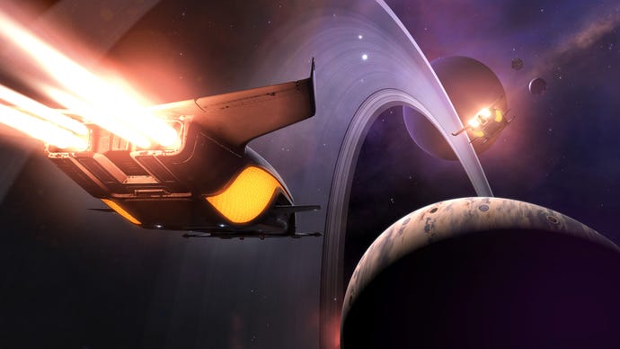 A space ship powers toward a ringed planet in Elite Dangerous