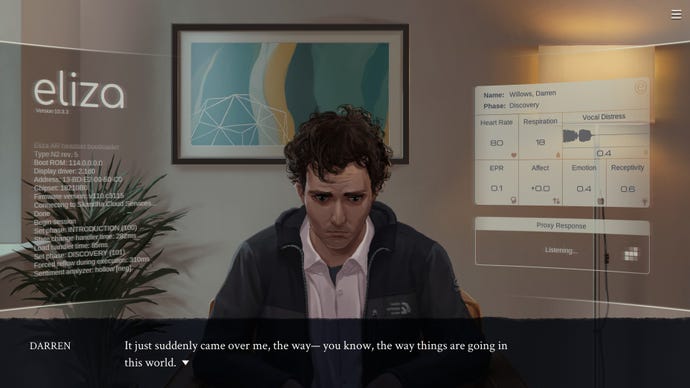 A man looks down a table inside a therapy office in Eliza
