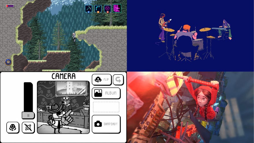 A selection of screenshots from the Day Of The Devs games, in clockwise order: Axiom Verge 2, A Musical Story, Toem and Vokabulantis.