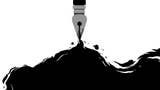 An illustration showing the tip of a quill releasing a torrent of black ink on a white background below it.