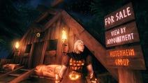 A Viking woman stands in front of wooden hut and a sign, reading "for sale, view by appointment, Hutenheim Group".