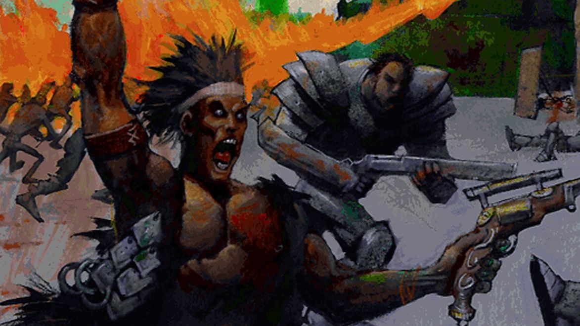 Game art of two soldiers charging on a battlefield in Emperor Of The Fading Suns