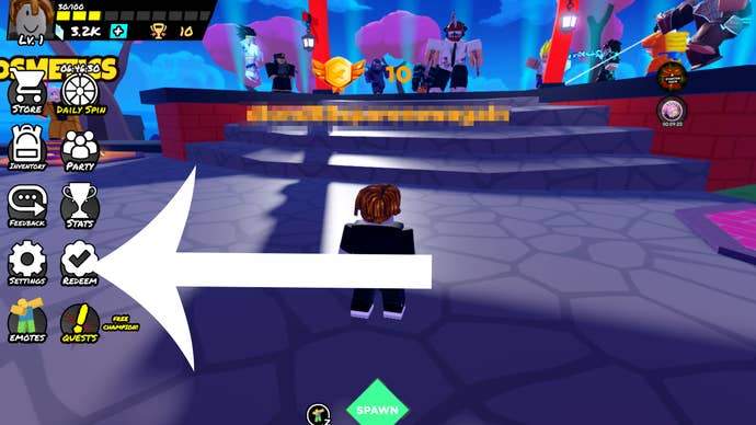 Arrow pointing at the button players need to press to redeem a code in Roblox game Encounters.
