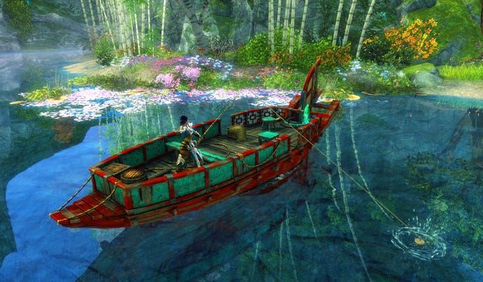A player casts a fishing line off a boat in Guild Wars 2