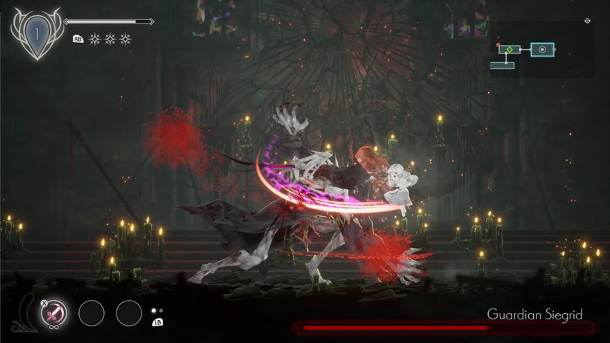Ender Lilies - Lily attacking a boss called Guardian Siegrid with the sword slashing skill of one of her spirits.