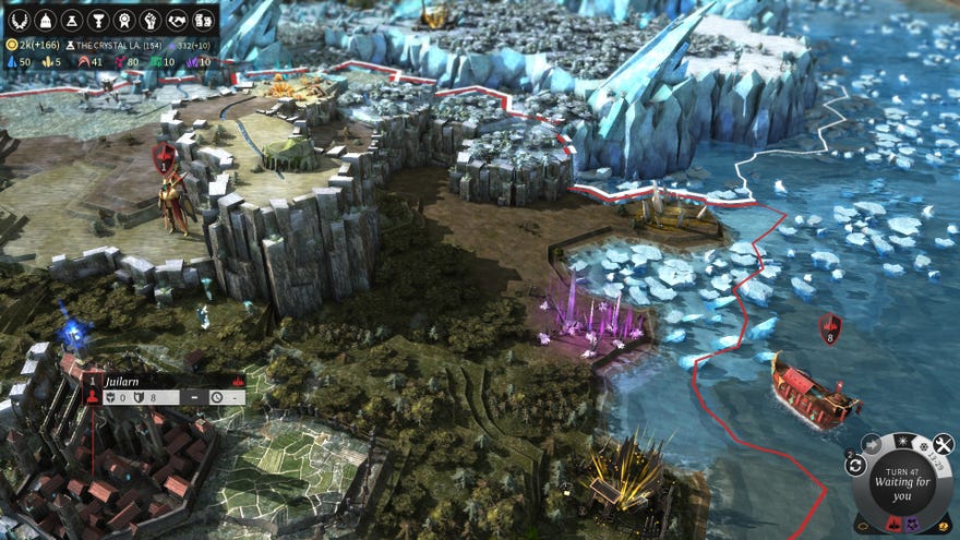 A screenshot of a patch of coastal land in Endless Legend. Cliffs overlook a city in the south, while the landscape turns frozen in the north.