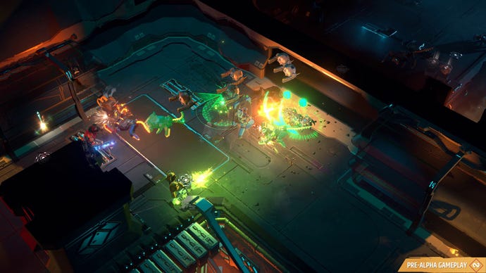 Heroes fend off a wave of robo-dogs and sentries in Endless Dungeon.